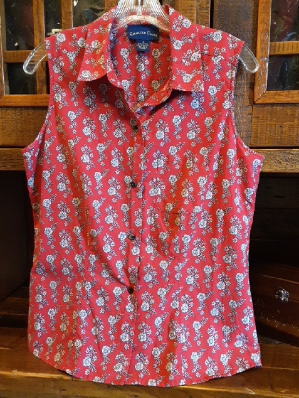 Charter Club Red Sleeveless Floral Button-Down Shirt